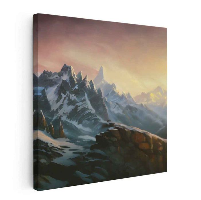 Golden Spectrum Summit Painting: Majestic Mountain Sunset Canvas Art Print