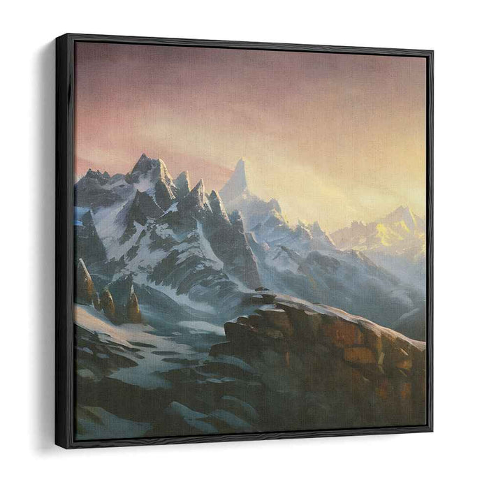 Golden Spectrum Summit Painting: Majestic Mountain Sunset Canvas Art Print
