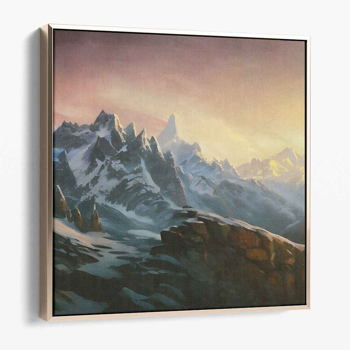Golden Spectrum Summit Painting: Majestic Mountain Sunset Canvas Art Print