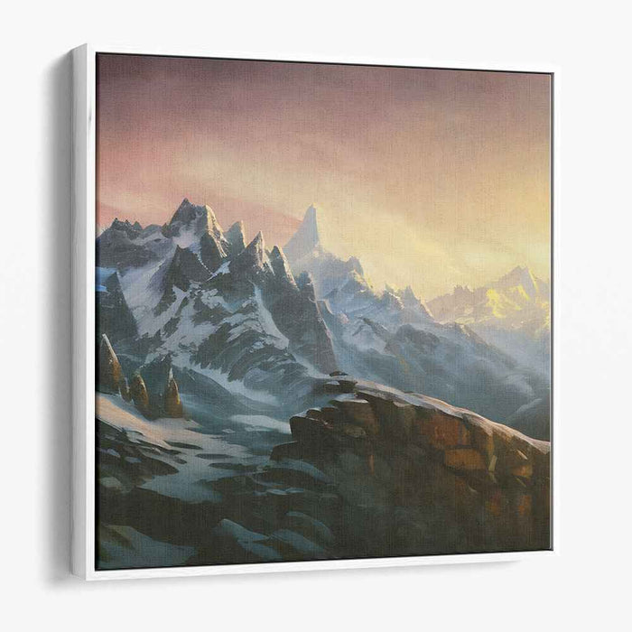 Golden Spectrum Summit Painting: Majestic Mountain Sunset Canvas Art Print
