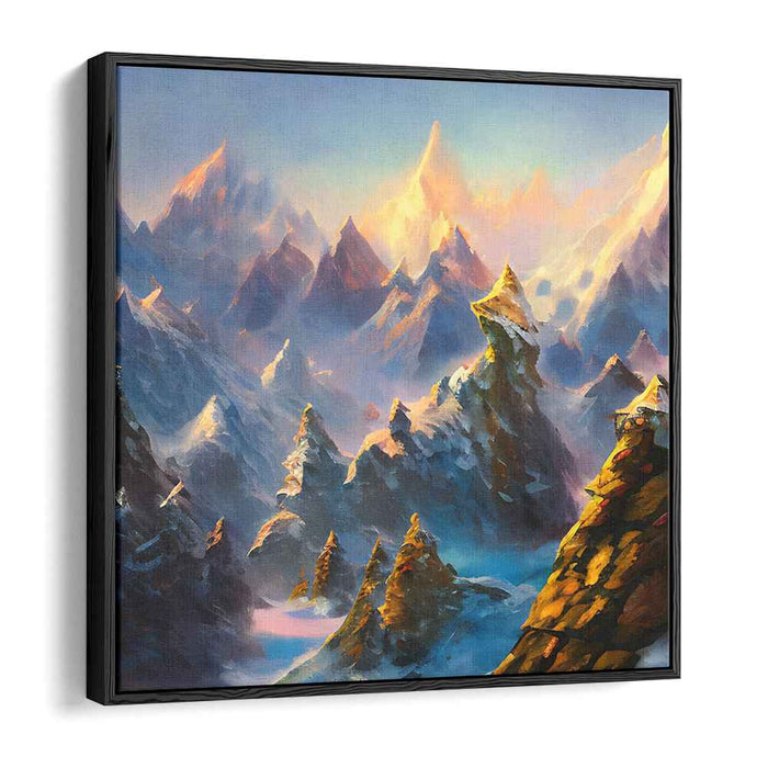 Ethereal Summit Harmonies: Golden Peaks in Serene Blue Mountain Landscape