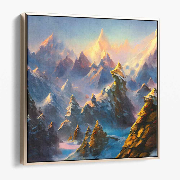 Ethereal Summit Harmonies: Golden Peaks in Serene Blue Mountain Landscape