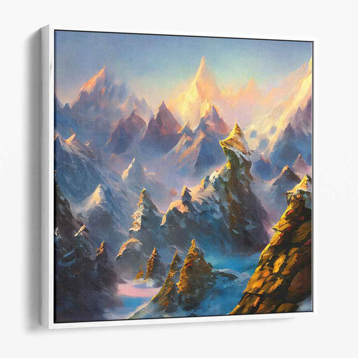 Ethereal Summit Harmonies: Golden Peaks in Serene Blue Mountain Landscape