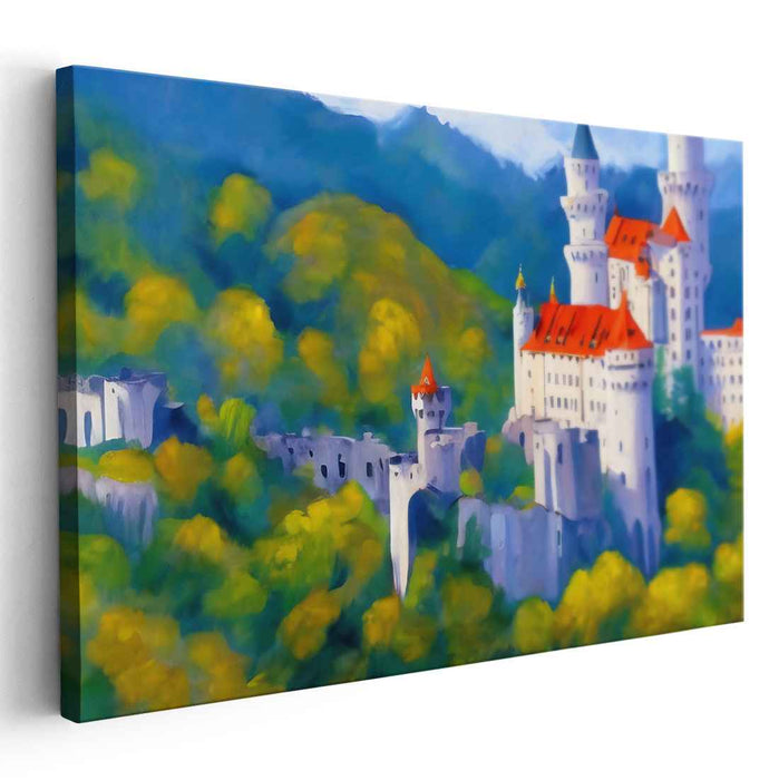 Majestic Castle in Verdant Hills: Romantic Realism Canvas Art Print