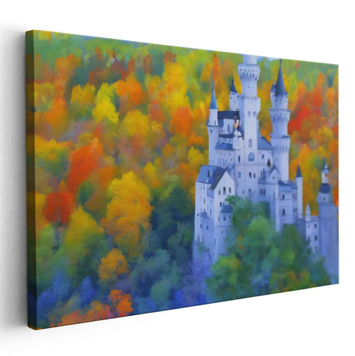 Enchanted Citadel Chronicles: Majestic Castle in Vibrant Forest Canvas Art Print