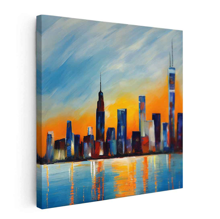 Urban Mirage Reimagined: Modern Skyline Reflections in Vivid Blue Canvas Art