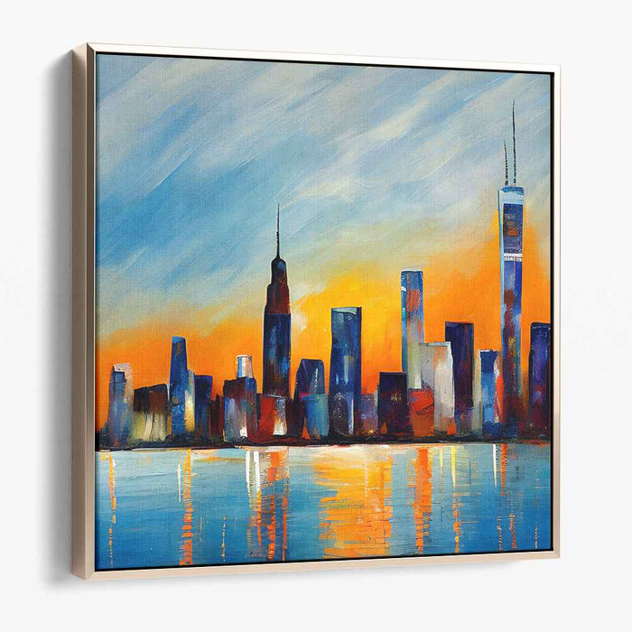 Urban Mirage Reimagined: Modern Skyline Reflections in Vivid Blue Canvas Art