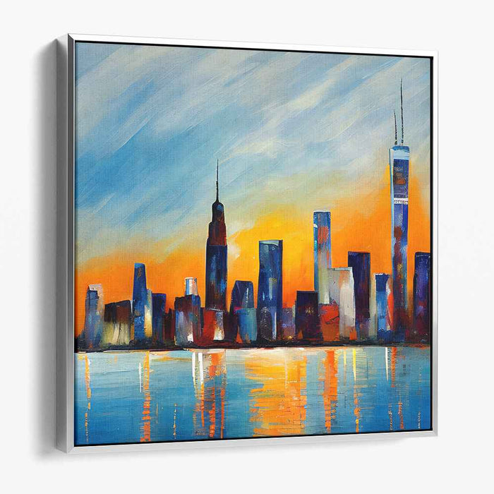 Urban Mirage Reimagined: Modern Skyline Reflections in Vivid Blue Canvas Art