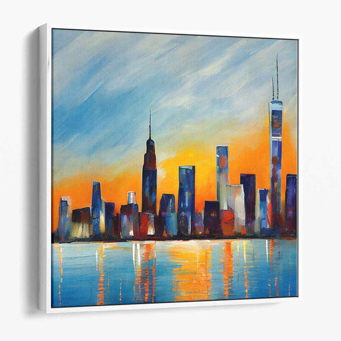 Urban Mirage Reimagined: Modern Skyline Reflections in Vivid Blue Canvas Art