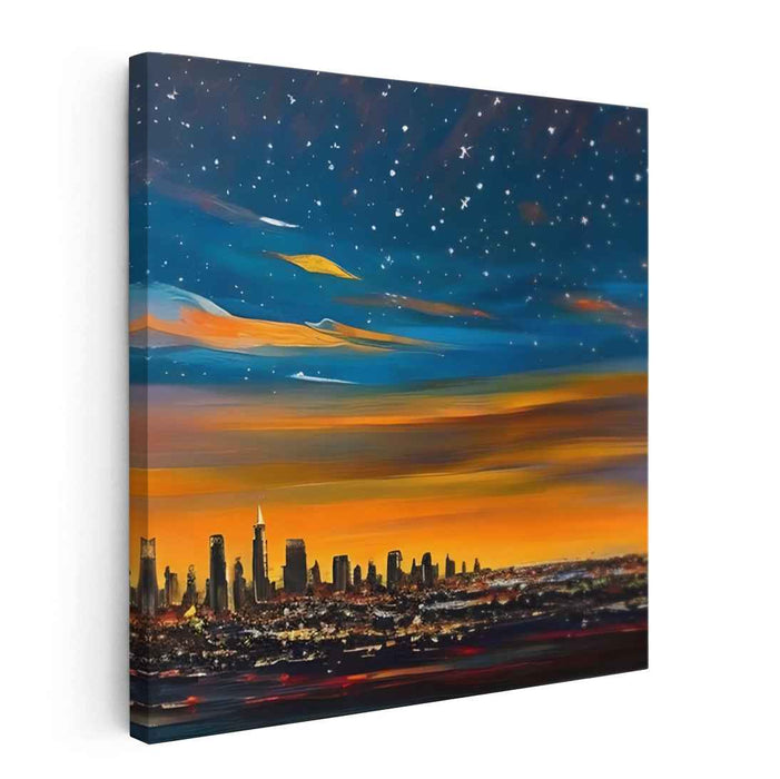 Starry Night Over the Metropolis: Vibrant Urban Skyline and Celestial Beauty Canvas Art