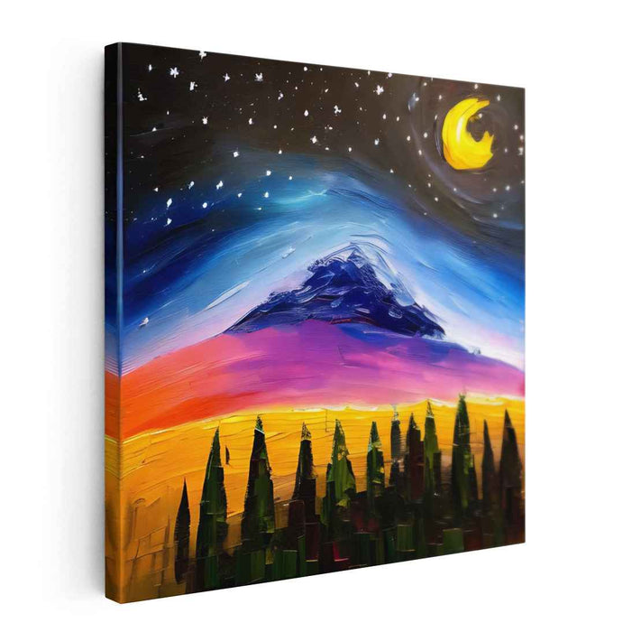 Starry Summit Serenity: Vibrant Mountainous Landscape Under Starlit Sky Canvas Art