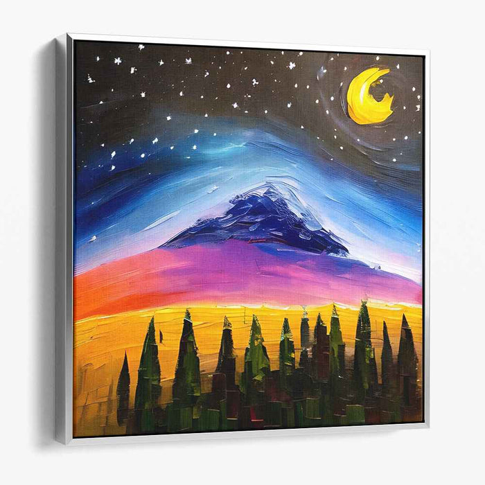 Starry Summit Serenity: Vibrant Mountainous Landscape Under Starlit Sky Canvas Art