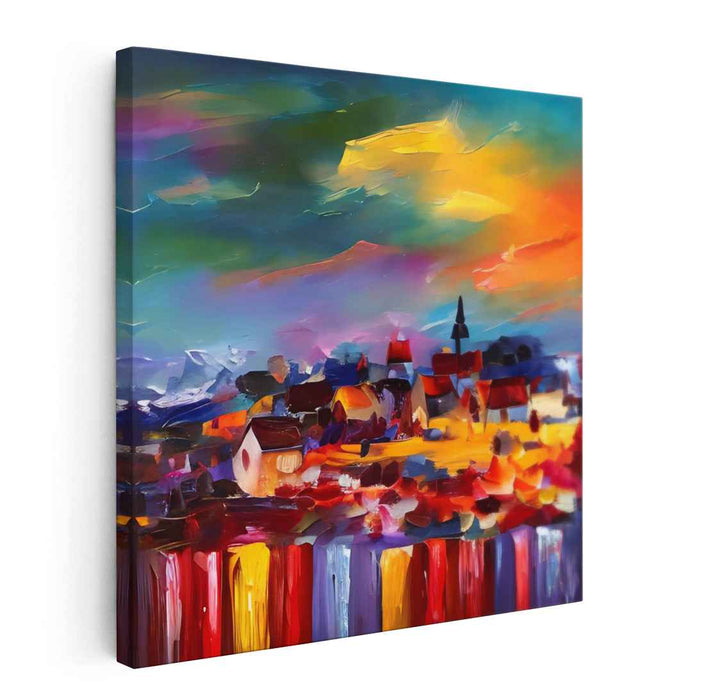 Fiery Sunset Over Vibrant Village: Colorful Impasto Village Landscape Canvas Art