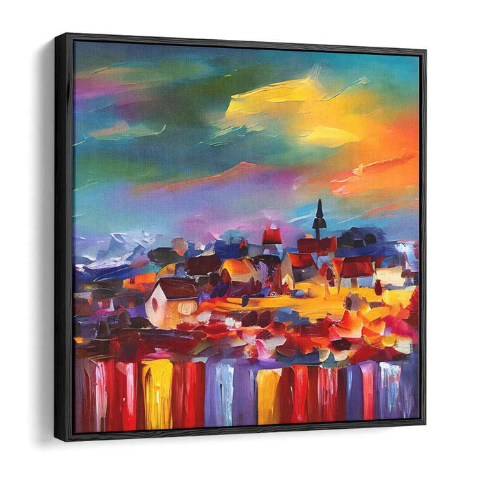 Fiery Sunset Over Vibrant Village: Colorful Impasto Village Landscape Canvas Art