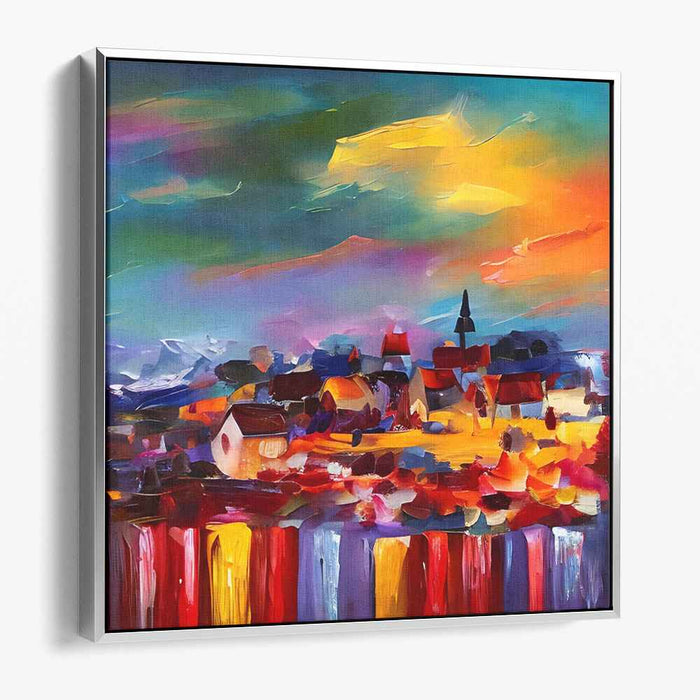 Fiery Sunset Over Vibrant Village: Colorful Impasto Village Landscape Canvas Art