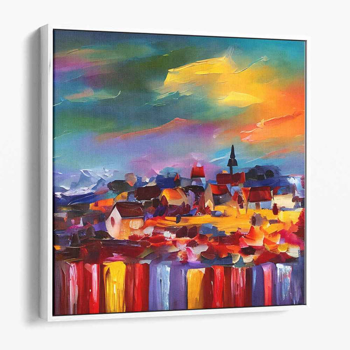 Fiery Sunset Over Vibrant Village: Colorful Impasto Village Landscape Canvas Art
