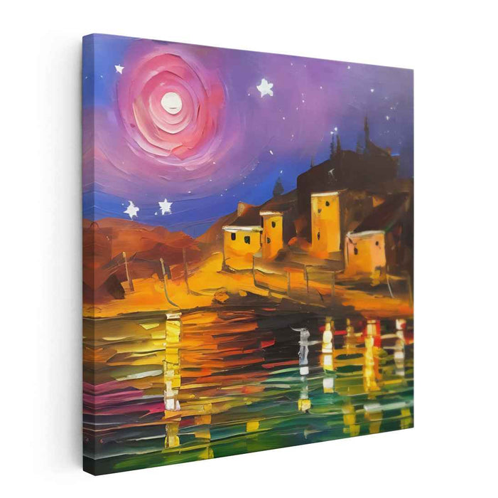 Luminescent Dusk Hamlet: Vibrant Twilight Village Canvas Art