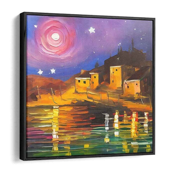 Luminescent Dusk Hamlet: Vibrant Twilight Village Canvas Art
