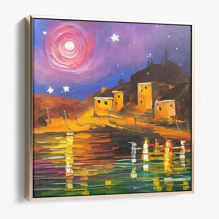 Luminescent Dusk Hamlet: Vibrant Twilight Village Canvas Art