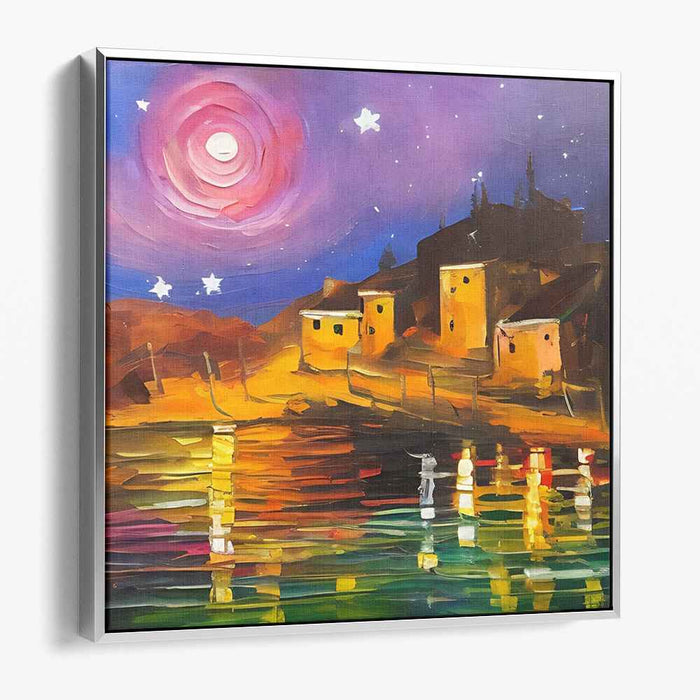 Luminescent Dusk Hamlet: Vibrant Twilight Village Canvas Art