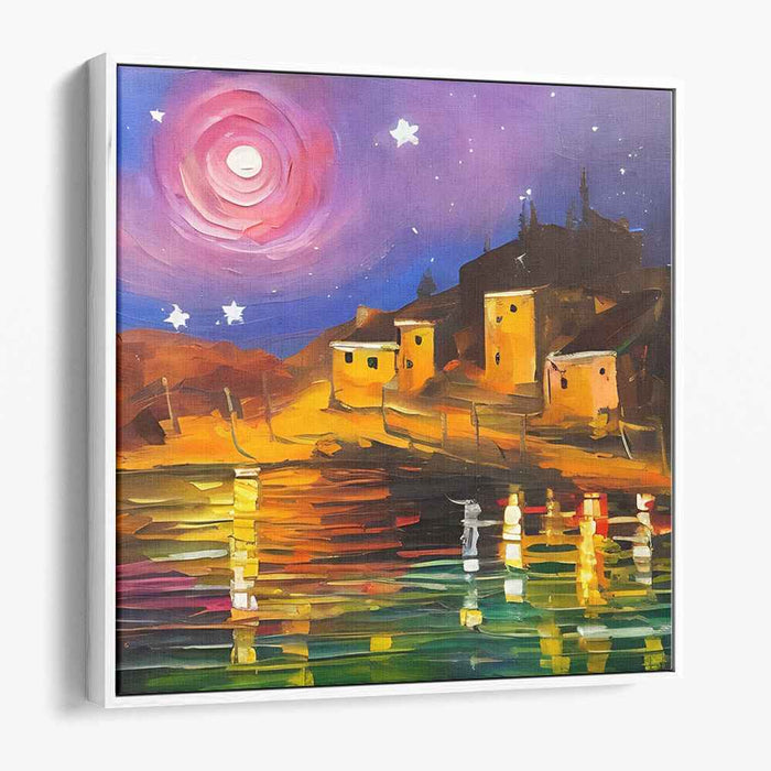 Luminescent Dusk Hamlet: Vibrant Twilight Village Canvas Art