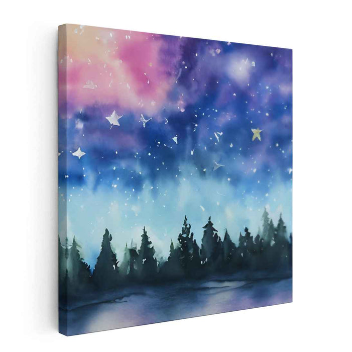 Enchanted Midnight Canopy: Dreamy Night Sky Over Forest Canvas Art Print