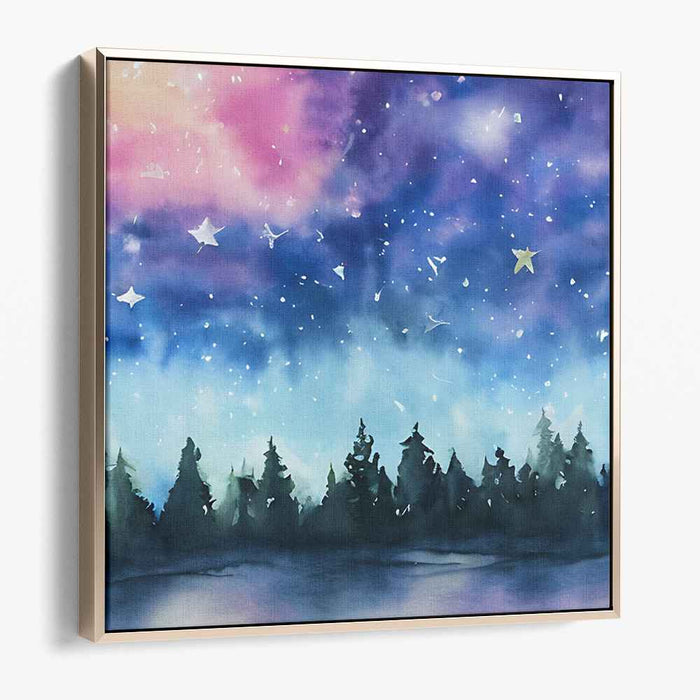 Enchanted Midnight Canopy: Dreamy Night Sky Over Forest Canvas Art Print