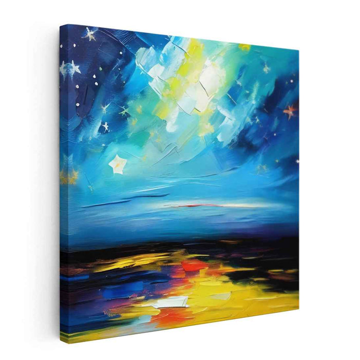 Neon Dreams Aqua Galaxy: Vibrant Night Sky Over Luminous Sea Canvas Art Print