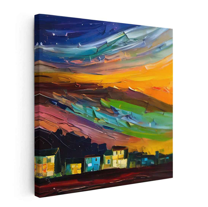 Starry Village: Expressionist Night Sky Canvas Art Print