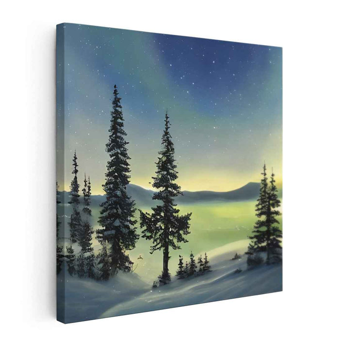 Ethereal Winter Night: Northern Lights Over Snowy Pines Canvas Art Print
