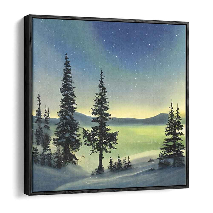 Ethereal Winter Night: Northern Lights Over Snowy Pines Canvas Art Print