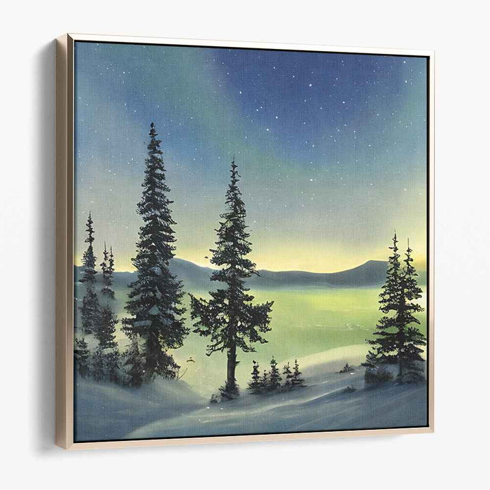 Ethereal Winter Night: Northern Lights Over Snowy Pines Canvas Art Print
