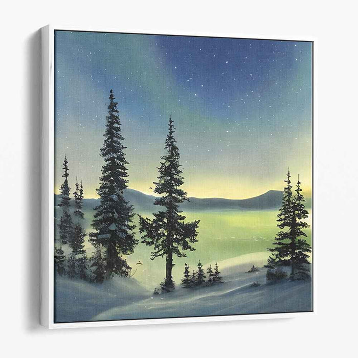 Ethereal Winter Night: Northern Lights Over Snowy Pines Canvas Art Print