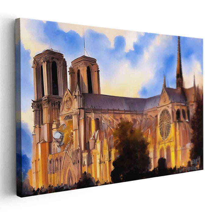 Misty Archways Legacy: Watercolor Impression of Notre Dame Cathedral