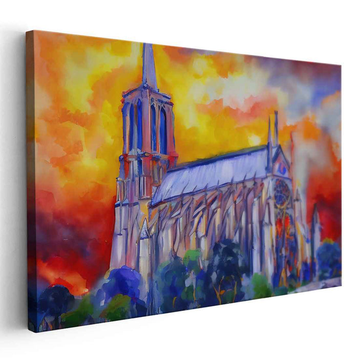 Cathedral Blaze: Impressionist Sunset Cathedral Canvas Art