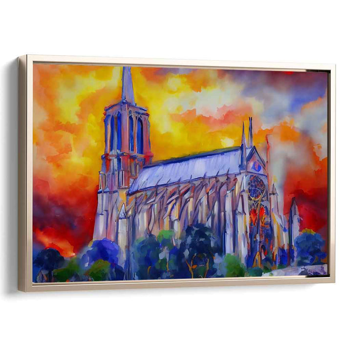 Cathedral Blaze: Impressionist Sunset Cathedral Canvas Art