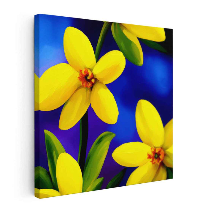 Sunshine Dance in Indigo: Lively Yellow Daffodils on Deep Blue Canvas Art Print