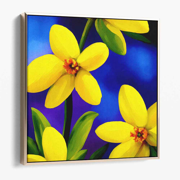 Sunshine Dance in Indigo: Lively Yellow Daffodils on Deep Blue Canvas Art Print