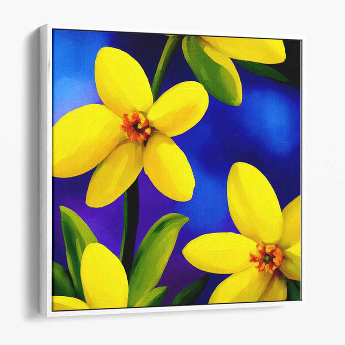 Sunshine Dance in Indigo: Lively Yellow Daffodils on Deep Blue Canvas Art Print