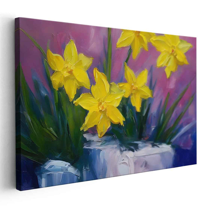 Harmony in Spring Shadows: Yellow Daffodils on Violet Canvas Art Print