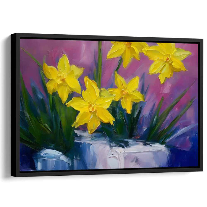 Harmony in Spring Shadows: Yellow Daffodils on Violet Canvas Art Print