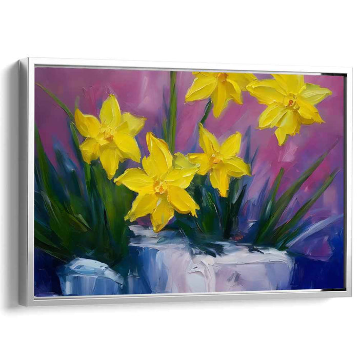 Harmony in Spring Shadows: Yellow Daffodils on Violet Canvas Art Print