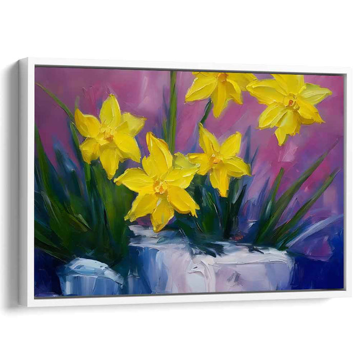 Harmony in Spring Shadows: Yellow Daffodils on Violet Canvas Art Print