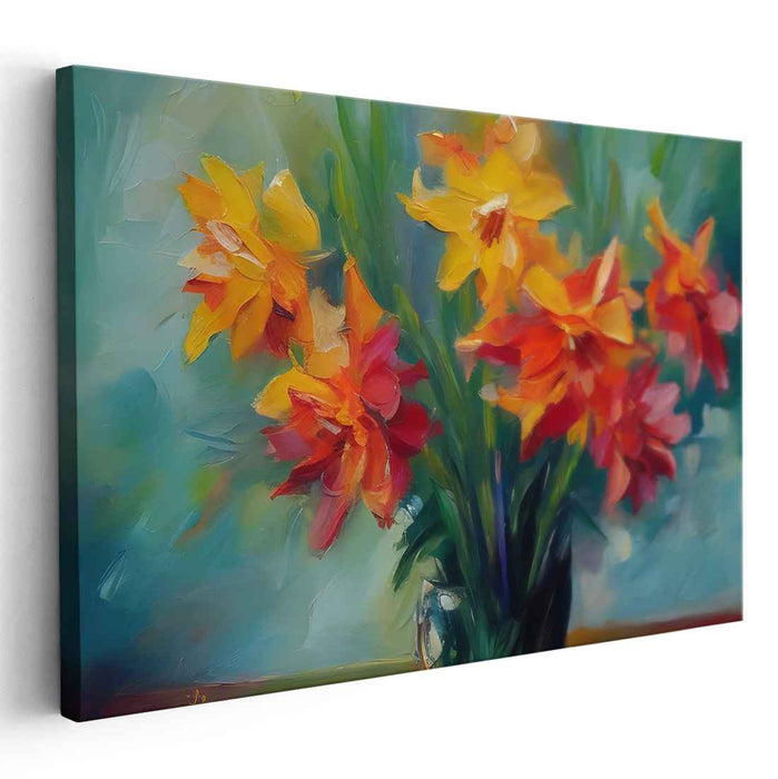 Citrus Petal Symphony: Impressionist Orange and Red Flower Bouquet Canvas Art Print