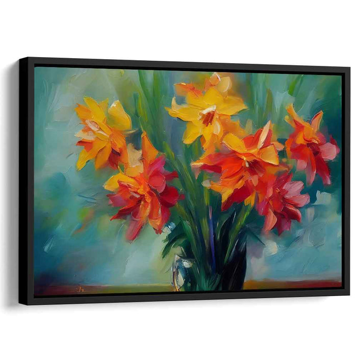 Citrus Petal Symphony: Impressionist Orange and Red Flower Bouquet Canvas Art Print
