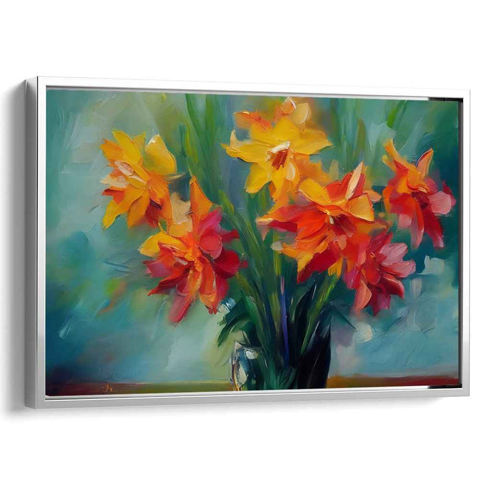 Citrus Petal Symphony: Impressionist Orange and Red Flower Bouquet Canvas Art Print