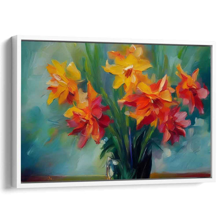 Citrus Petal Symphony: Impressionist Orange and Red Flower Bouquet Canvas Art Print