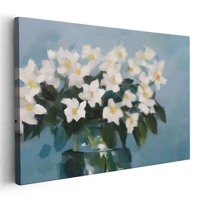 Gossamer Petals Captured: Impressionistic White Flowers in Glass Vase Canvas Art Print