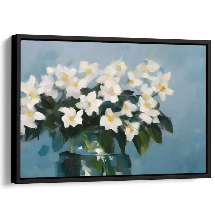 Gossamer Petals Captured: Impressionistic White Flowers in Glass Vase Canvas Art Print