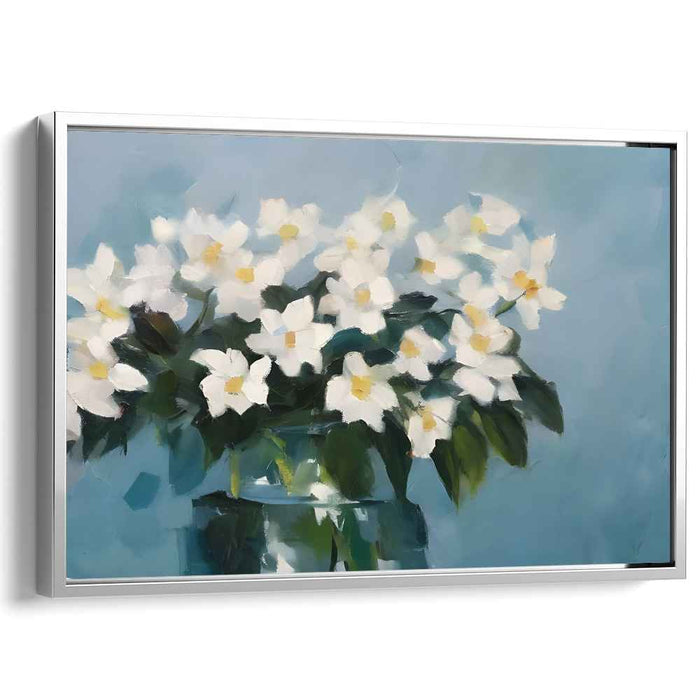 Gossamer Petals Captured: Impressionistic White Flowers in Glass Vase Canvas Art Print